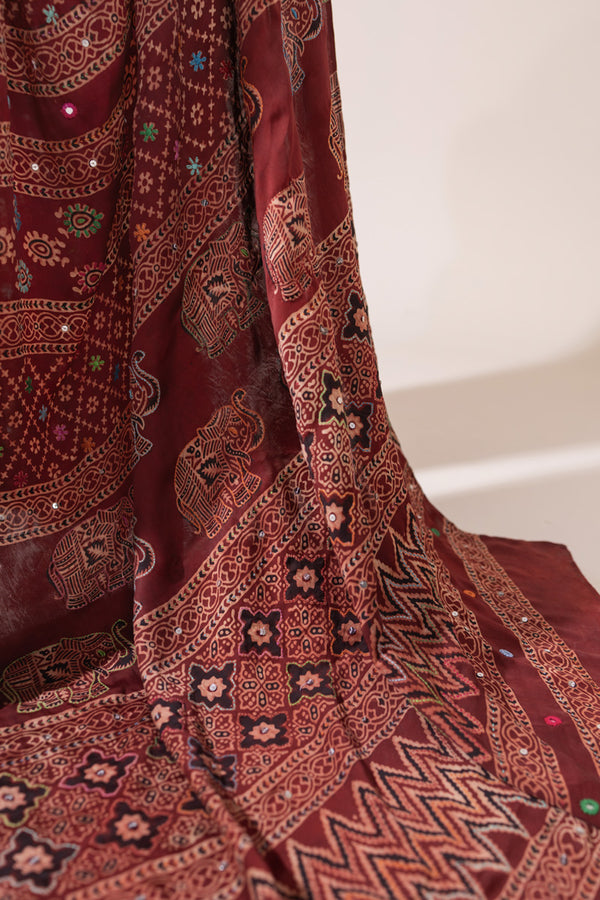 Ajrak Silk Saree with Hand Embroidery