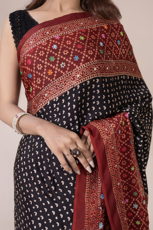 Ajrak Silk Saree with Hand Embroidery
