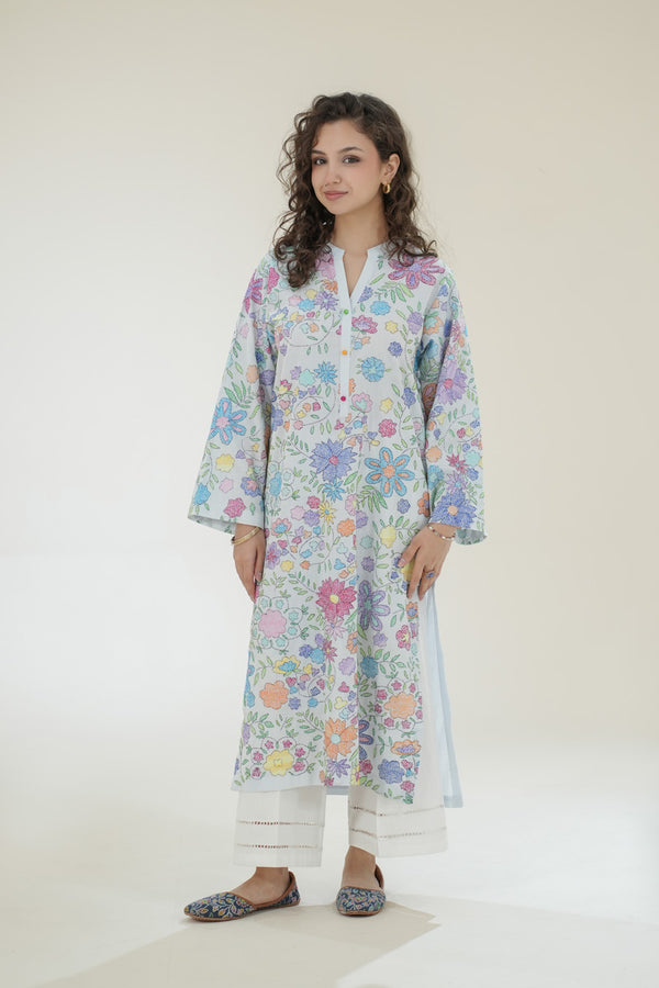 Azure Bloom Kantha Kurta