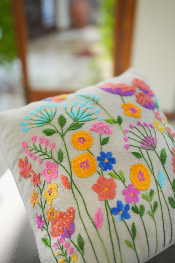 Floral Hand-Embroidered Cushion Cover