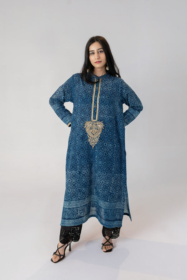 Indigo Ajrak Ari Embroidered Kurta