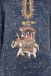 Indigo Ajrak Silk Kurta with Ada Work