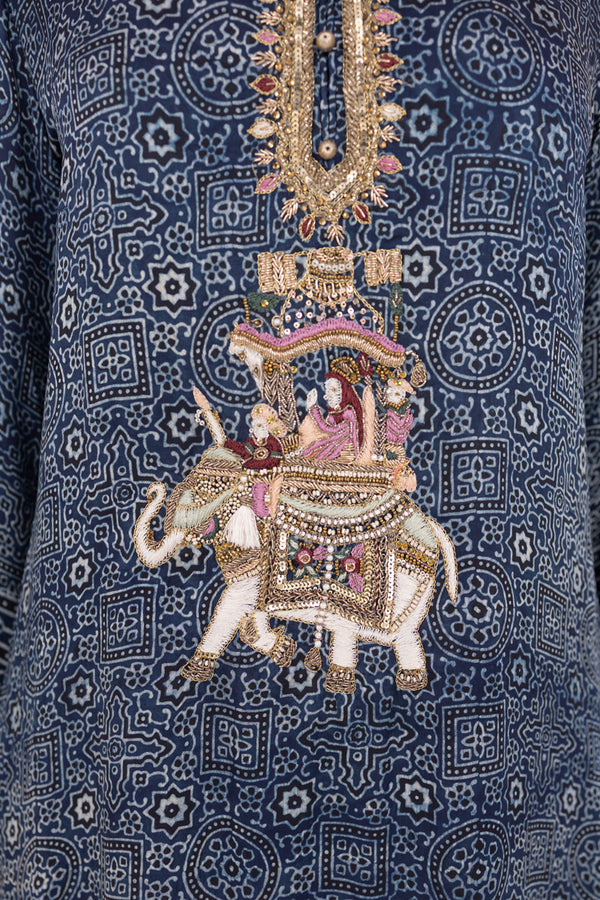 Indigo Ajrak Silk Kurta with Ada Work