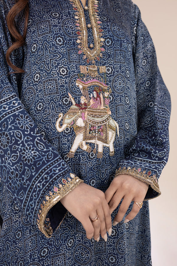 Indigo Ajrak Silk Kurta with Ada Work