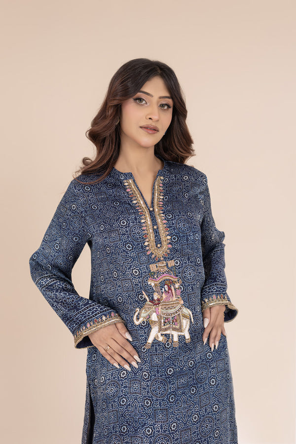 Indigo Ajrak Silk Kurta with Ada Work