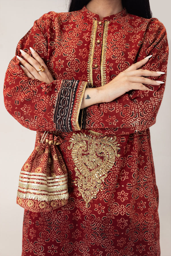 Maroon Ajrak Ari Embroidered Kurta