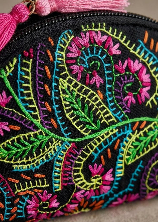 Midnight Floral Embroidered Dome Pouch