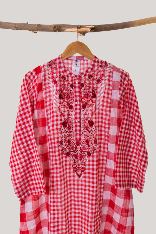 Red Check Embroidered Kurta