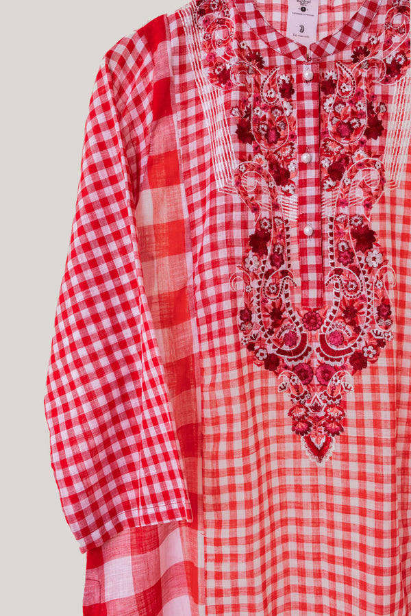 Red Check Embroidered Kurta