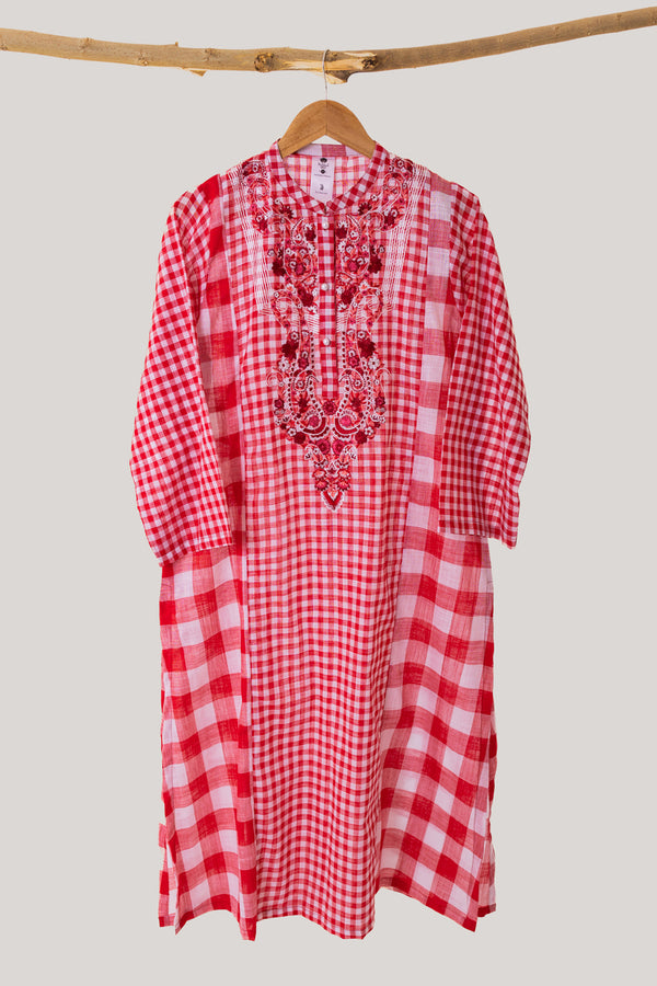 Red Check Embroidered Kurta