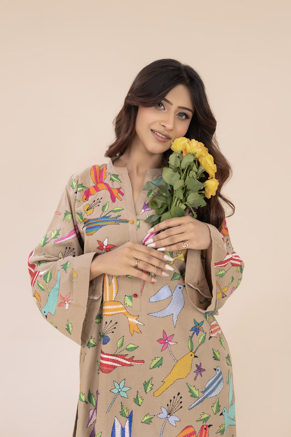 Sand Kantha Embroidered Kurta