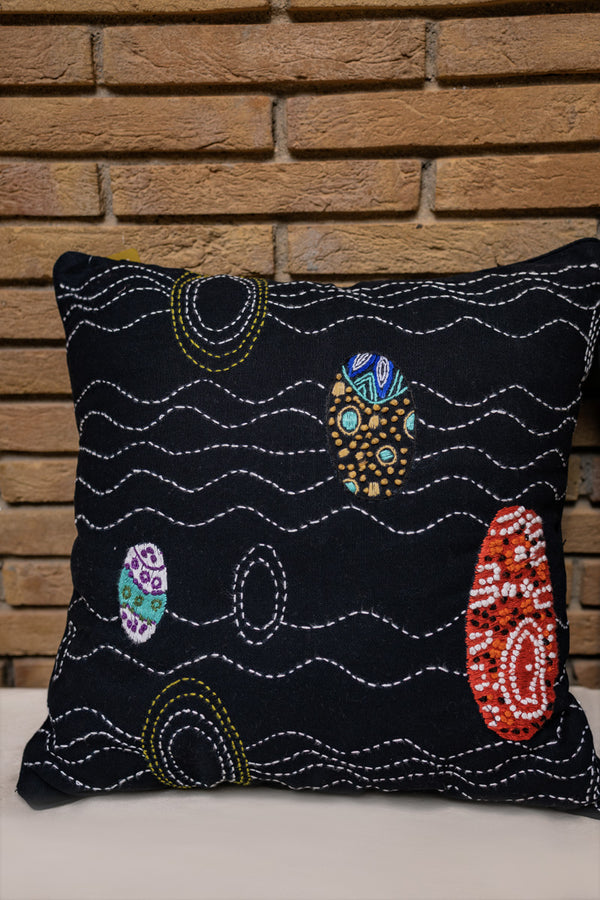 Waves & Motifs Embroidered Cushion Cover
