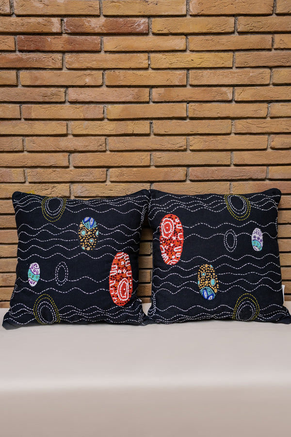 Waves & Motifs Embroidered Cushion Cover