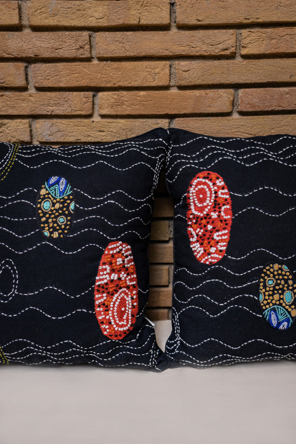 Waves & Motifs Embroidered Cushion Cover