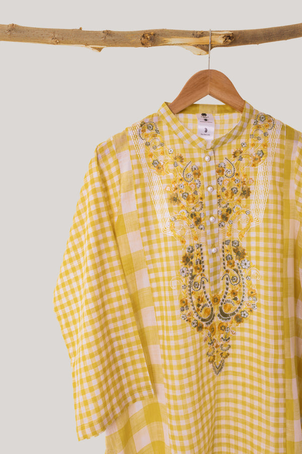 Yellow Check Embroidered Kurta