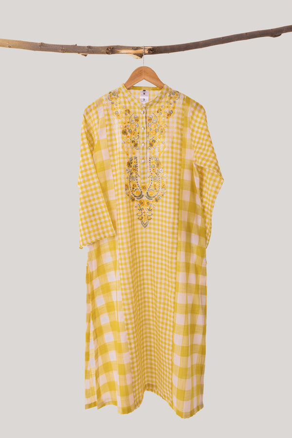 Yellow Check Embroidered Kurta