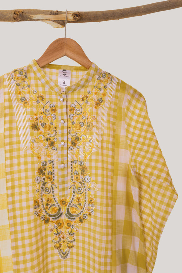 Yellow Check Embroidered Kurta
