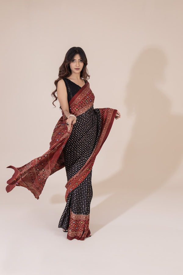 Ajrak Silk Saree with Hand Embroidery