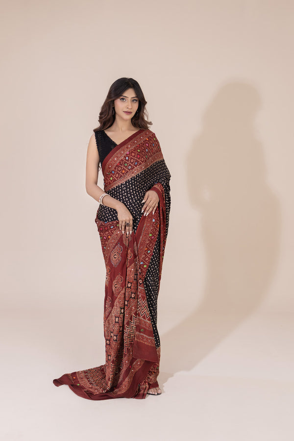 Ajrak Silk Saree with Hand Embroidery