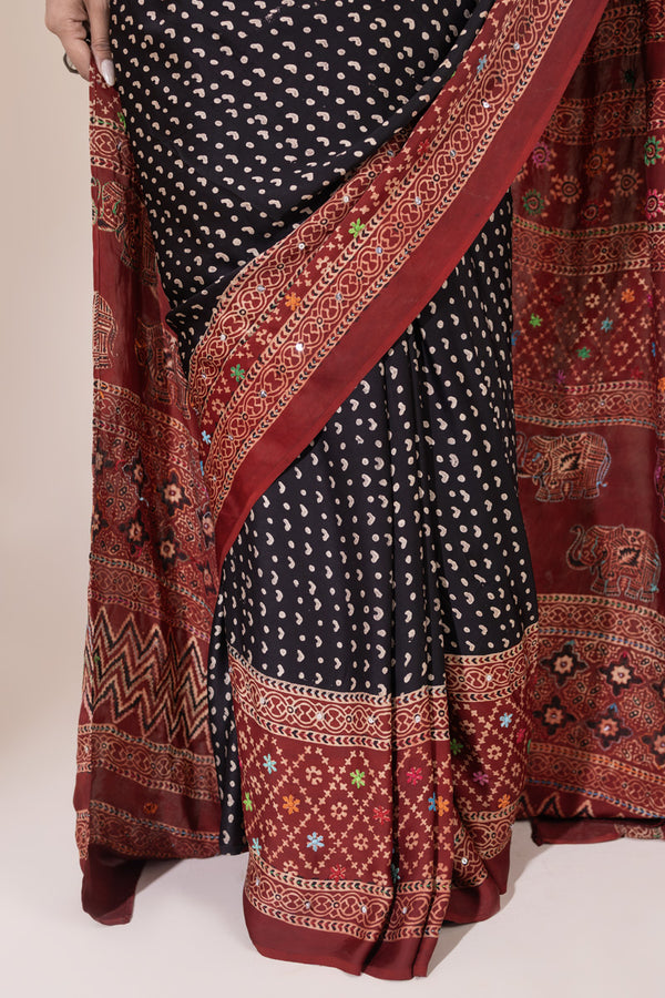 Ajrak Silk Saree with Hand Embroidery