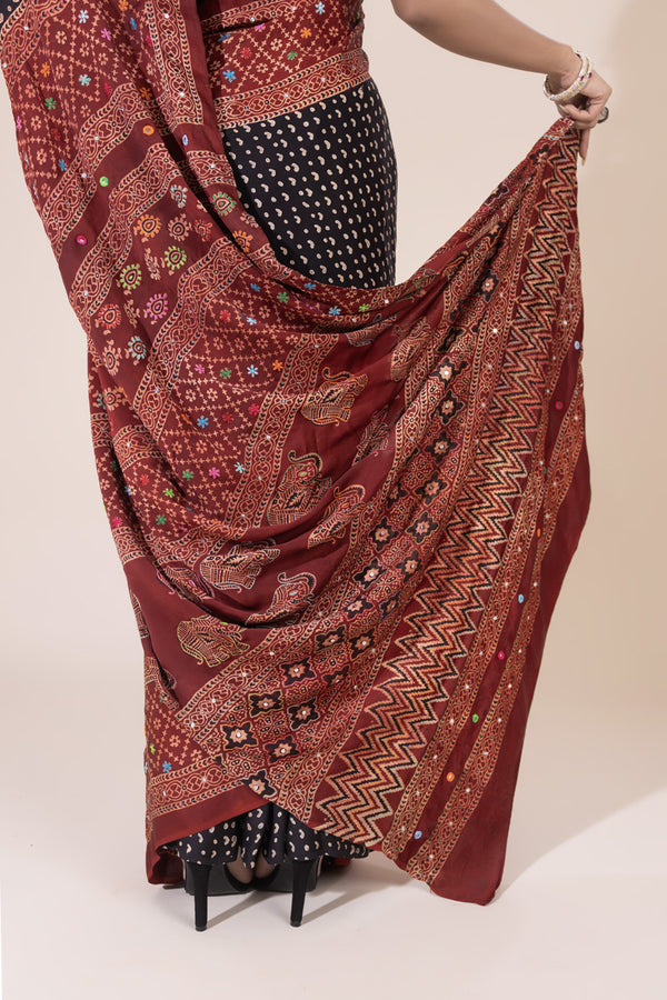 Ajrak Silk Saree with Hand Embroidery