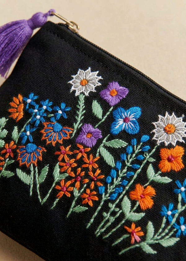 Black Floral Embroidered Zipper Pouch