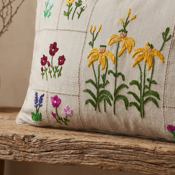 Botanical Grid EmbroideredCushion Cover