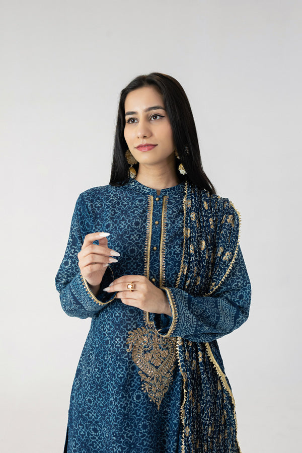 Indigo Ajrak Ari Embroidered Kurta