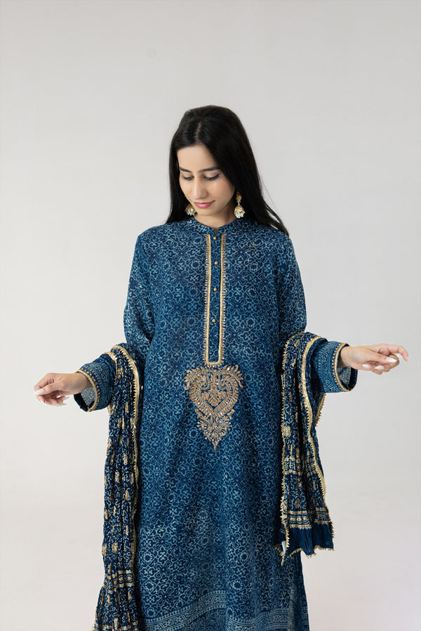 Indigo Ajrak Ari Embroidered Kurta