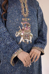 Indigo Ajrak Silk Kurta with Ada Work