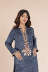 Indigo Ajrak Silk Kurta with Ada Work