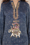 Indigo Ajrak Silk Kurta with Ada Work