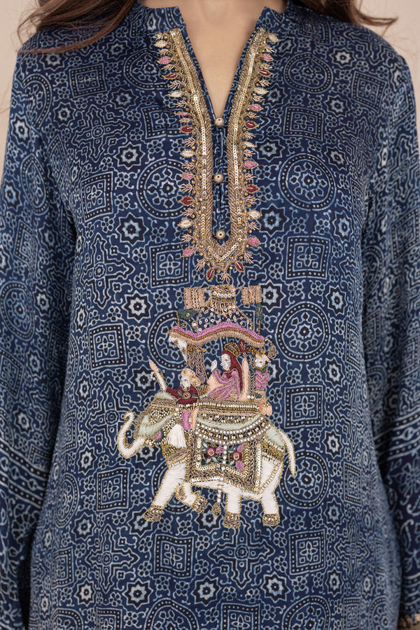 Indigo Ajrak Silk Kurta with Ada Work