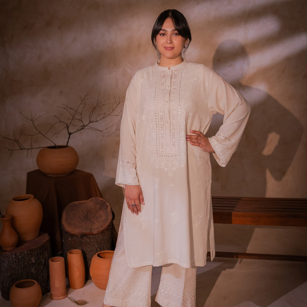 Ivory Drawn-Thread Chikankari Kurta