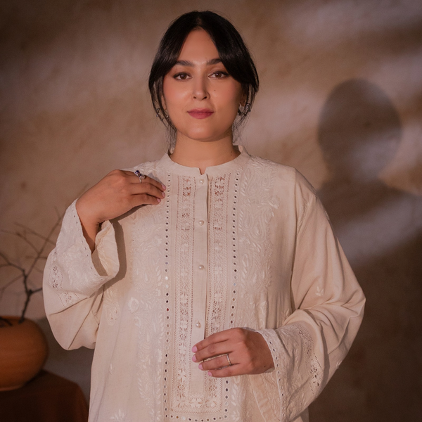 Ivory Drawn-Thread Chikankari Kurta