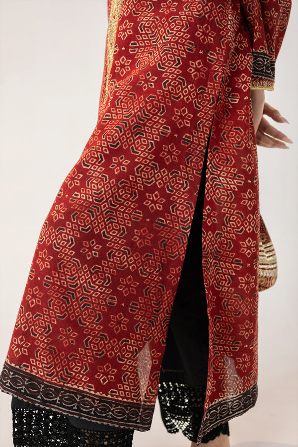 Maroon Ajrak Ari Embroidered Kurta