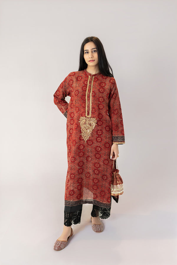 Maroon Ajrak Ari Embroidered Kurta
