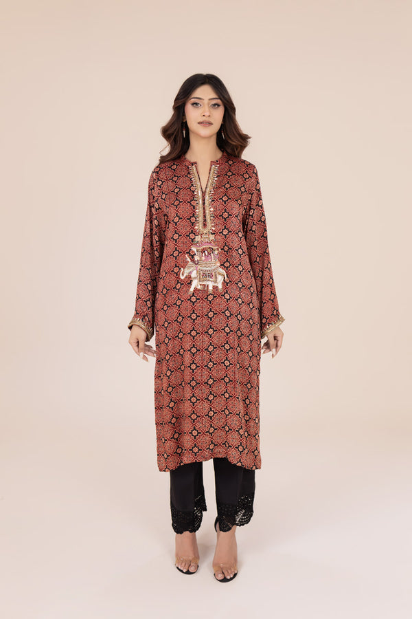 Maroon Ajrak Silk Kurta with Ada Work
