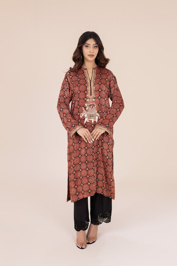 Maroon Ajrak Silk Kurta with Ada Work