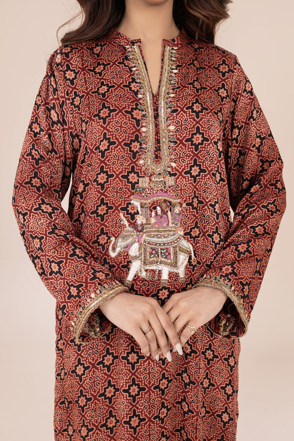 Maroon Ajrak Silk Kurta with Ada Work