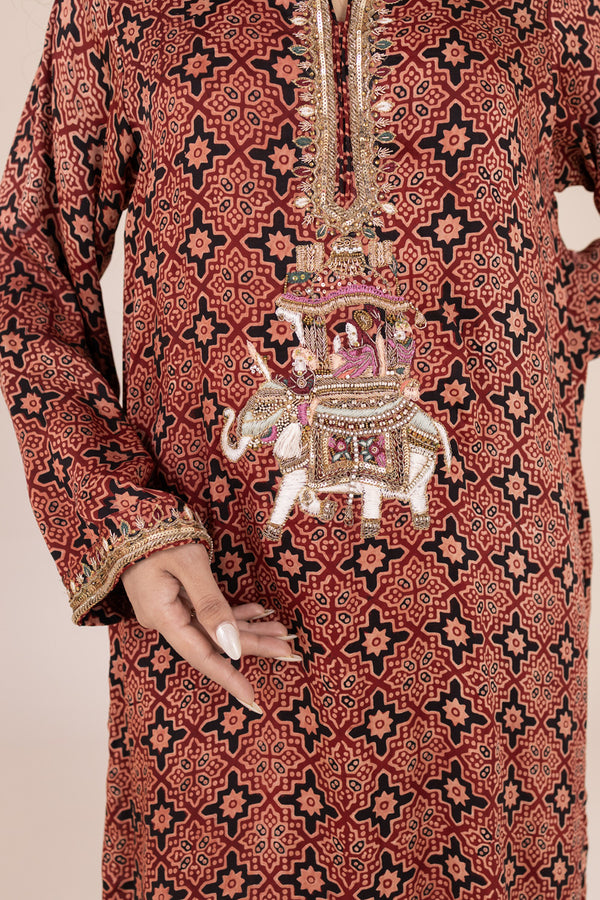 Maroon Ajrak Silk Kurta with Ada Work