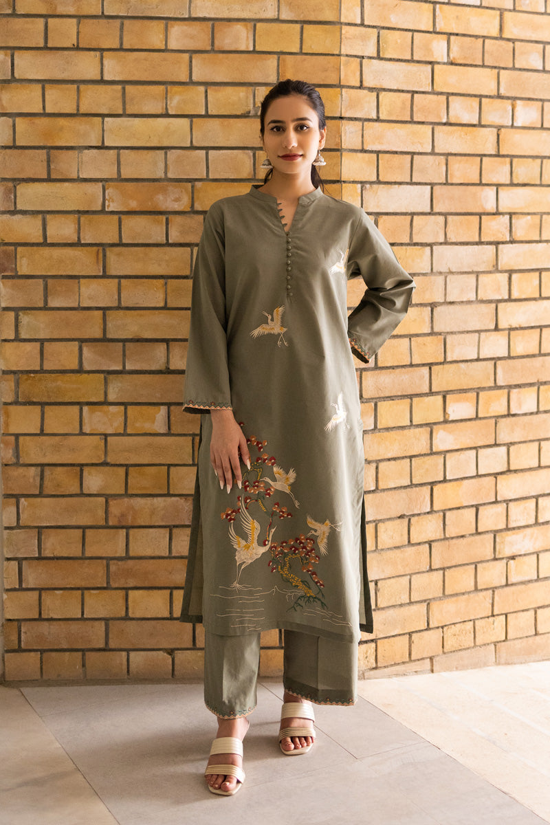 Olive Embroidered Dress  Behbud Crafts