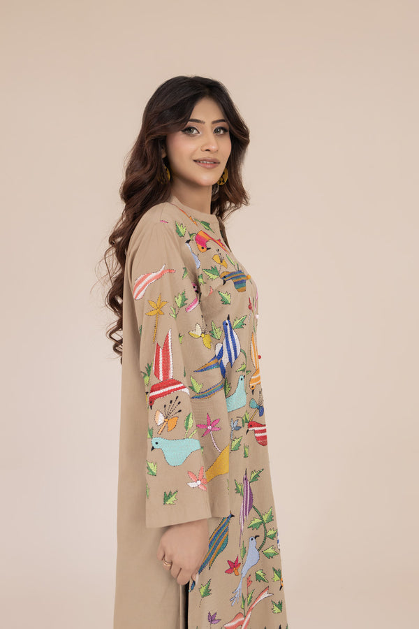 Sand Kantha Embroidered Kurta