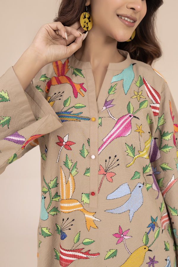 Sand Kantha Embroidered Kurta
